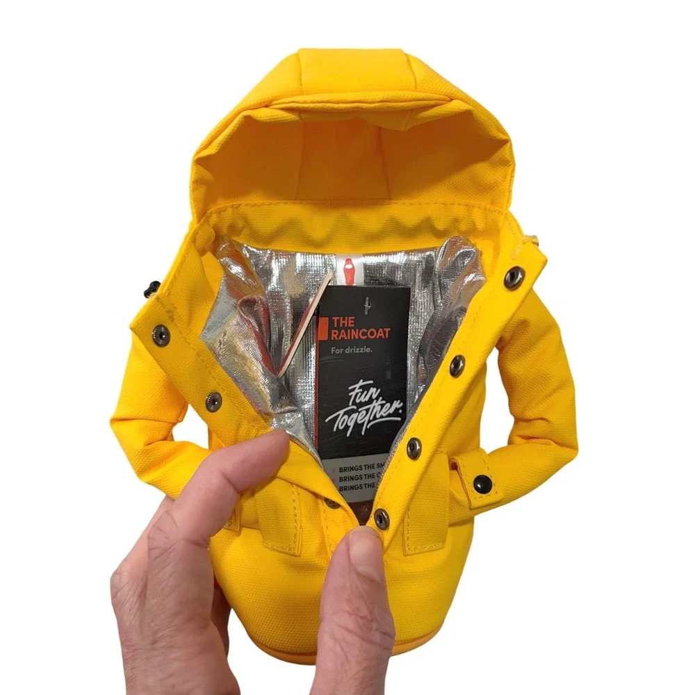 NEW PUFFIN Raincoat Drink Koozie Yellow Novelty Beer Can Bottle Holder Sleeve
